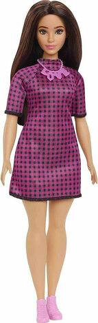 Barbie Fashionistas Doll 188, Curvy, Black Hair, Pink And Checkered Dress - HBV20 (FBR37)