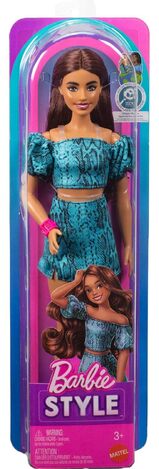 Barbie Style Fashionistas Doll With Brown Hair Wearing Turquoise Snake Print - JJN63