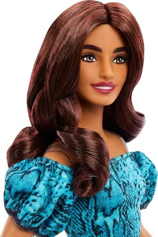 Barbie Style Fashionistas Doll With Brown Hair Wearing Turquoise Snake Print - JJN63