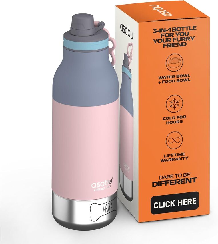 Asobu Buddy Bottle: Portable Water Bottle with Dog Bowl - Pastel Pink - GRAF005732
